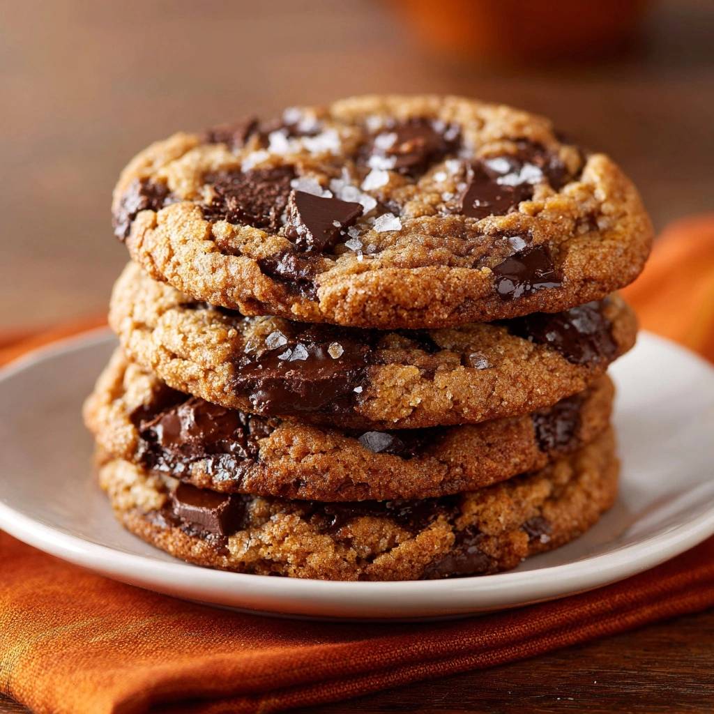 Sea salt dark chocolate chunk cookies stacked high, showcasing melted chocolate and flaky sea salt.