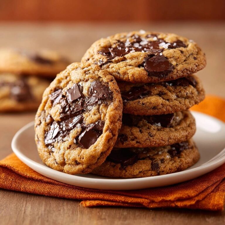 Sea salt dark chocolate chunk cookies stacked high on a white plate with a rustic orange napkin.
