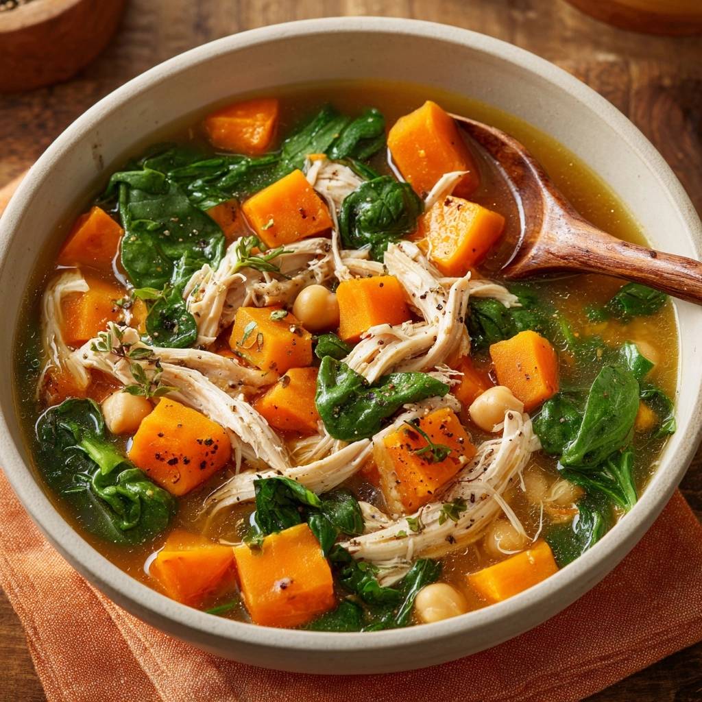 Shredded chicken and sweet potato soup in a bowl, featuring tender chicken, diced sweet potatoes, and fresh spinach with a wooden spoon.