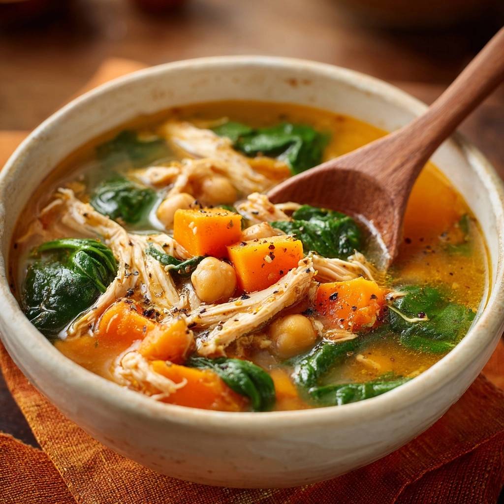 Shredded chicken and sweet potato soup with chickpeas and spinach, a spoonful is lifted to show texture.