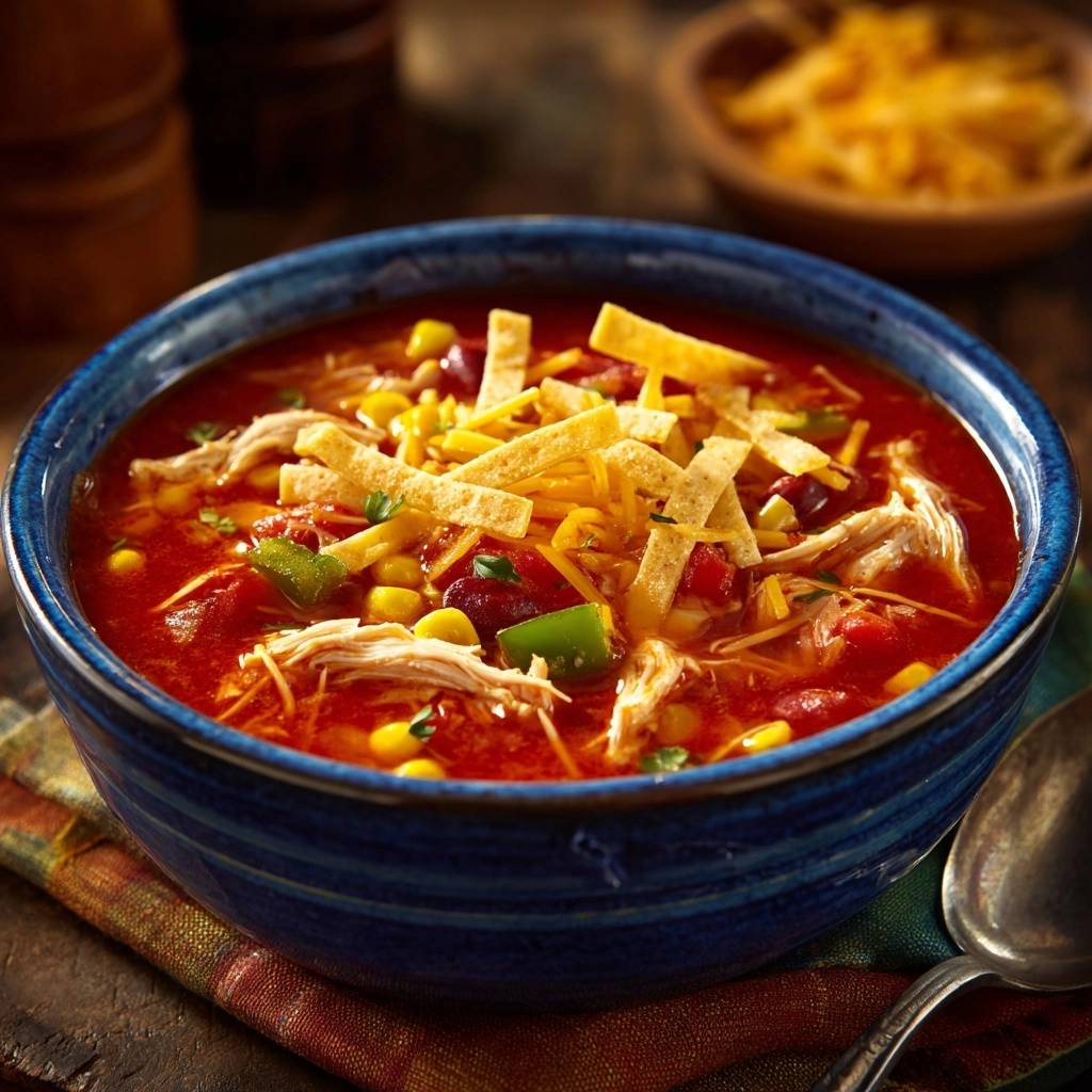 Zesty Shredded Chicken Tortilla Soup garnished with crispy tortilla strips and shredded cheese in a blue bowl.