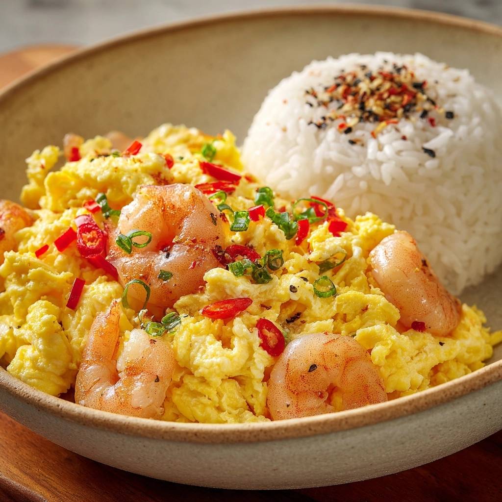 Silky shrimp scrambled eggs with chili and scallion garnish in a bowl with rice.