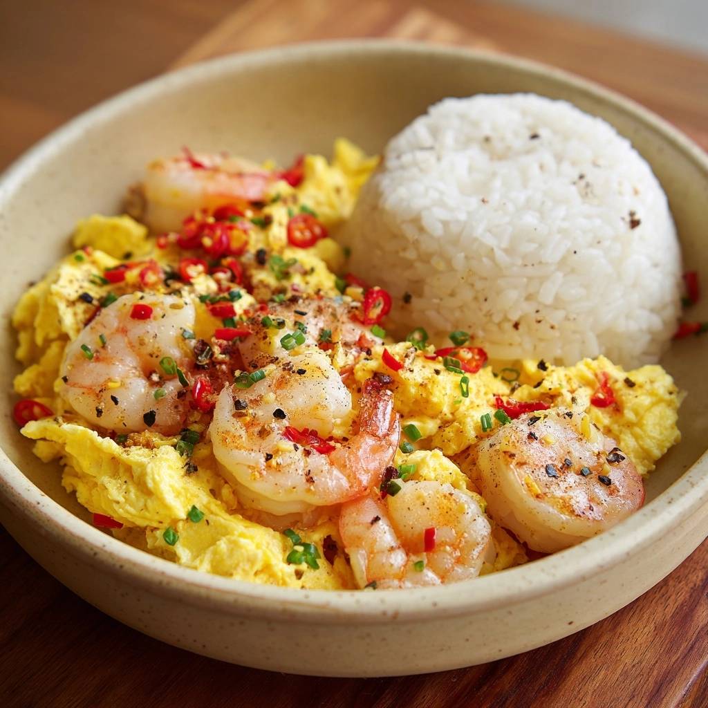 Silky shrimp scrambled eggs close-up, garnished with chili and chives, served with rice.