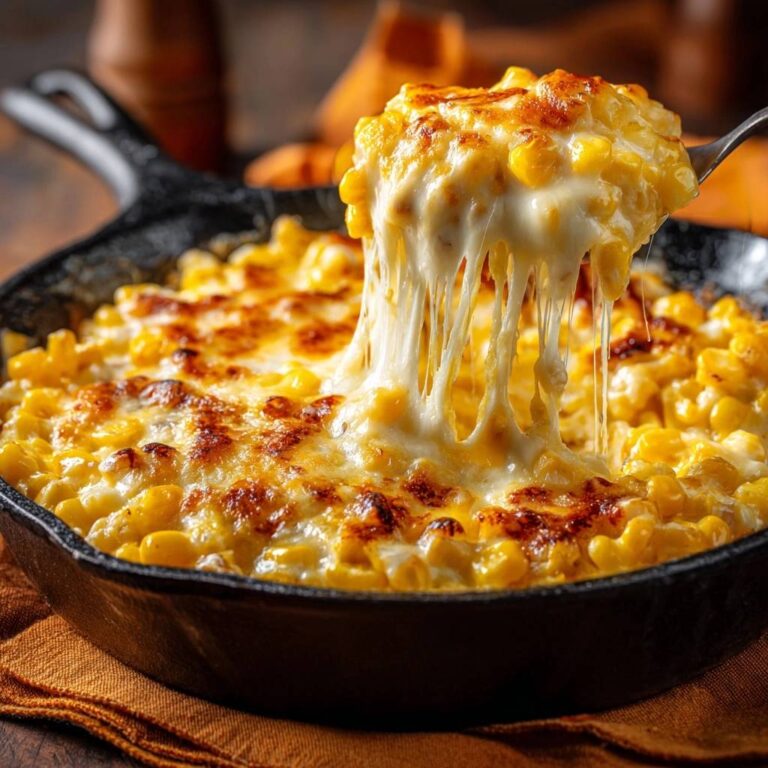 Skillet cheesy corn bake with a generous cheese pull being lifted by a spoon.