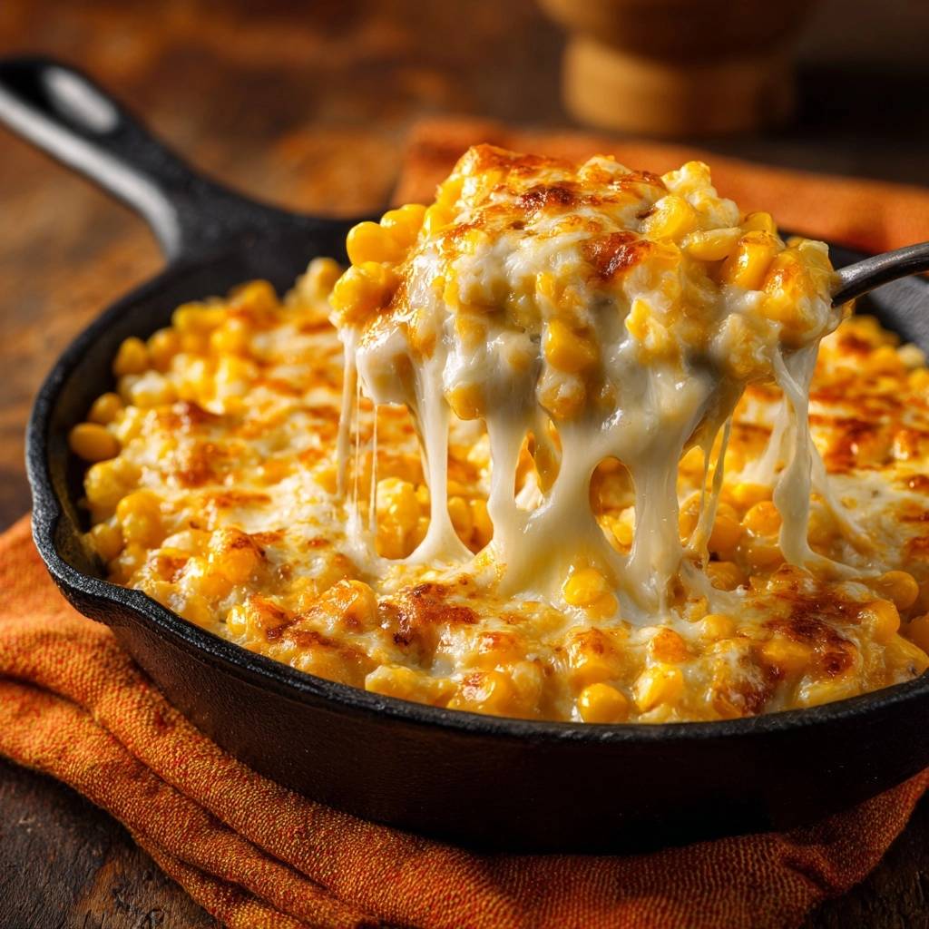 Skillet cheesy corn bake with a spoon lifting a gooey cheese pull, showcasing melted cheese strings.