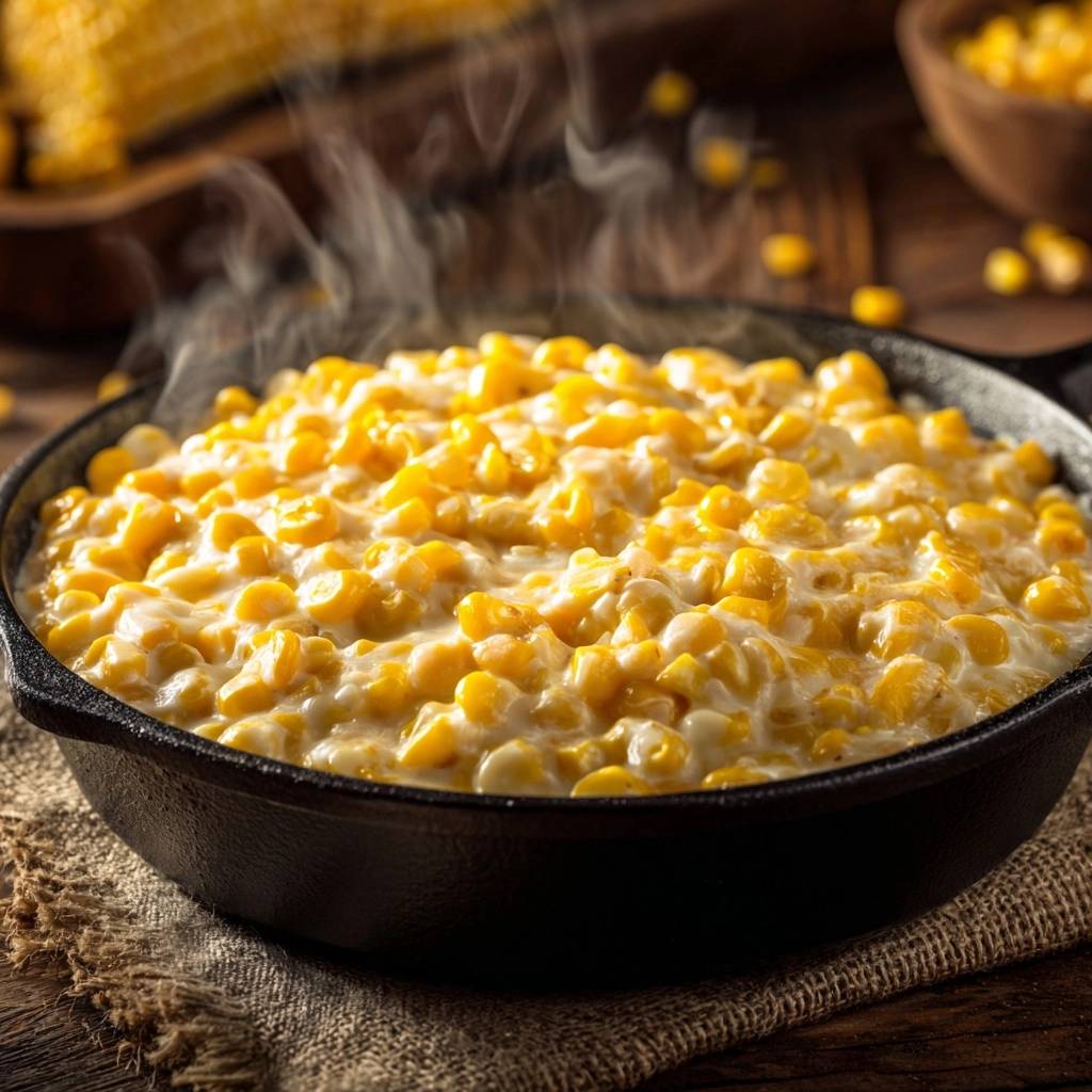 Skillet creamed corn steaming in a cast-iron pan, showcasing its thick, creamy sauce.