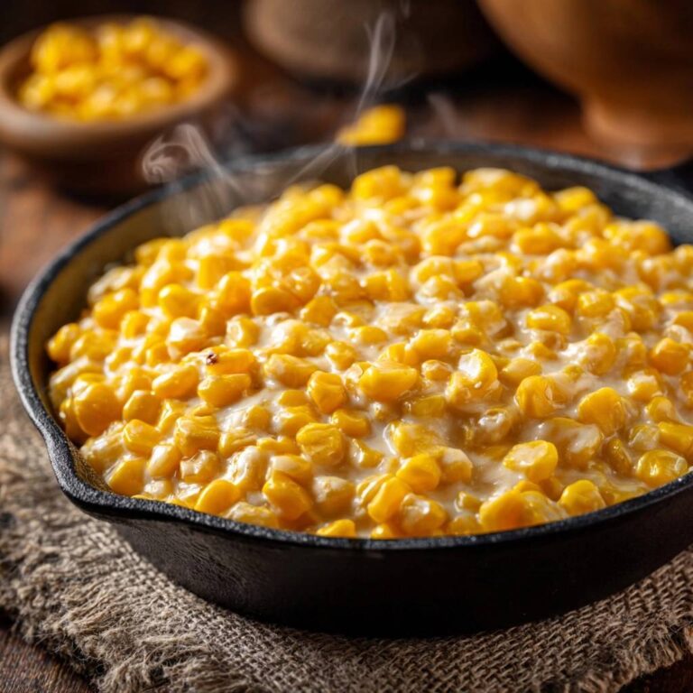 Skillet creamed corn steaming in a cast-iron pan, showcasing its thick, creamy sauce.