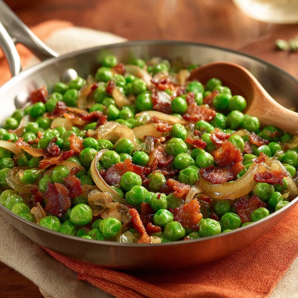 Skillet sweet peas with crispy bacon and onions served in a stainless steel pan with a wooden spoon.