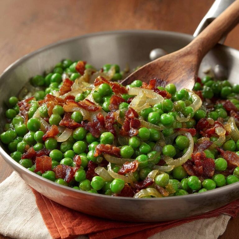 Skillet sweet peas with crispy bacon served in a pan with a wooden spoon, ready to be enjoyed.