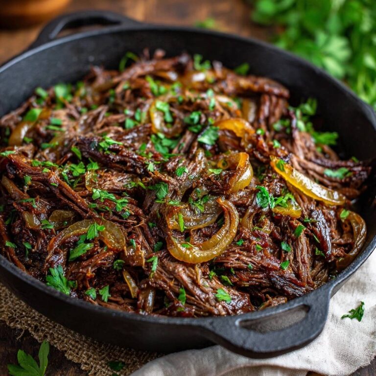 Slow braised shredded beef and onions served in a cast iron skillet, garnished with fresh parsley.