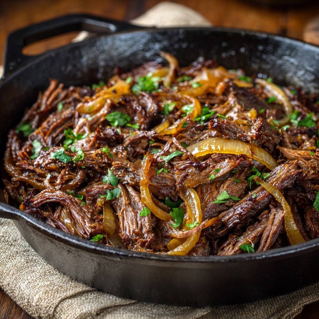 Slow braised shredded beef and onions in a cast iron skillet, glistening and garnished with fresh parsley.