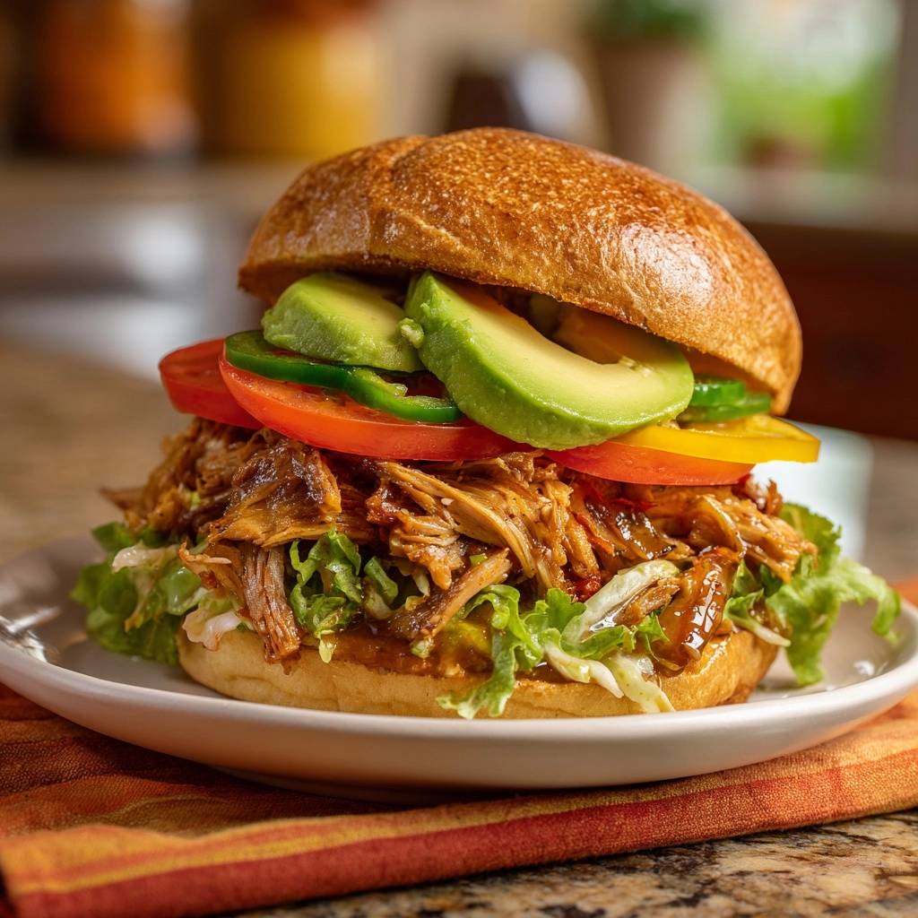 Slow cooked pulled chicken sandwich plated with avocado, tomato, and jalapeño toppings.
