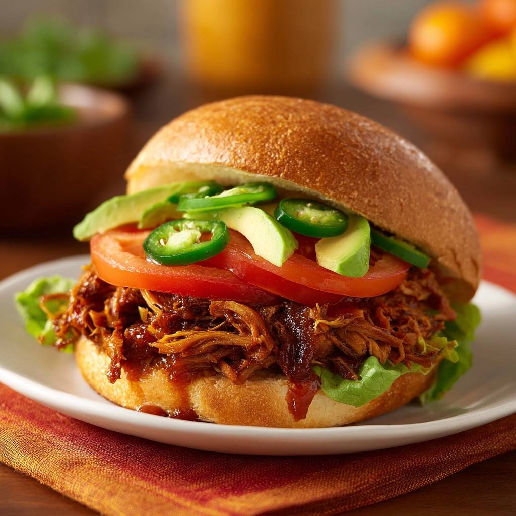 Slow cooked pulled chicken sandwich plated with lettuce, tomato, avocado, and jalapenos on a bun