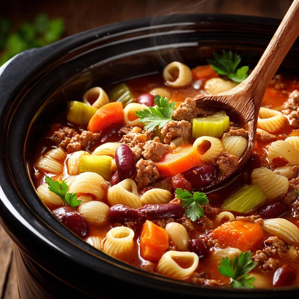 Slow cooker pasta e fagioli with a wooden spoon scooping up hearty noodles, beans, and ground beef from the pot.