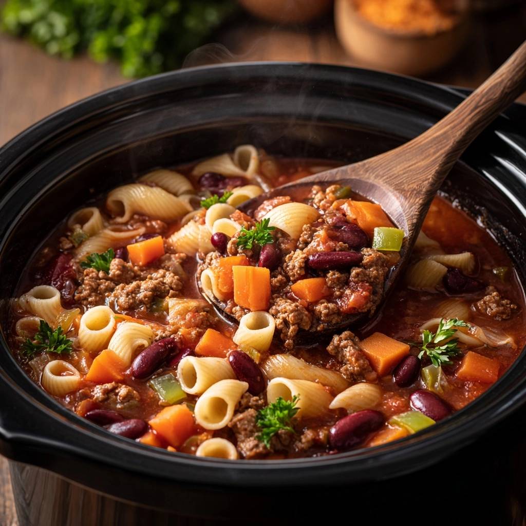 Slow cooker Pasta e Fagioli with a spoonful being lifted, showing the hearty ingredients and steaming broth.