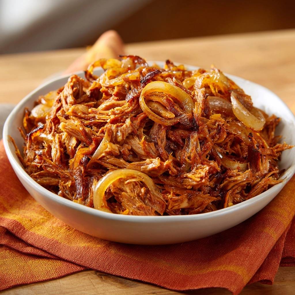 Slow roasted pulled beef with caramelized onions served in a white bowl, close-up detail shot.