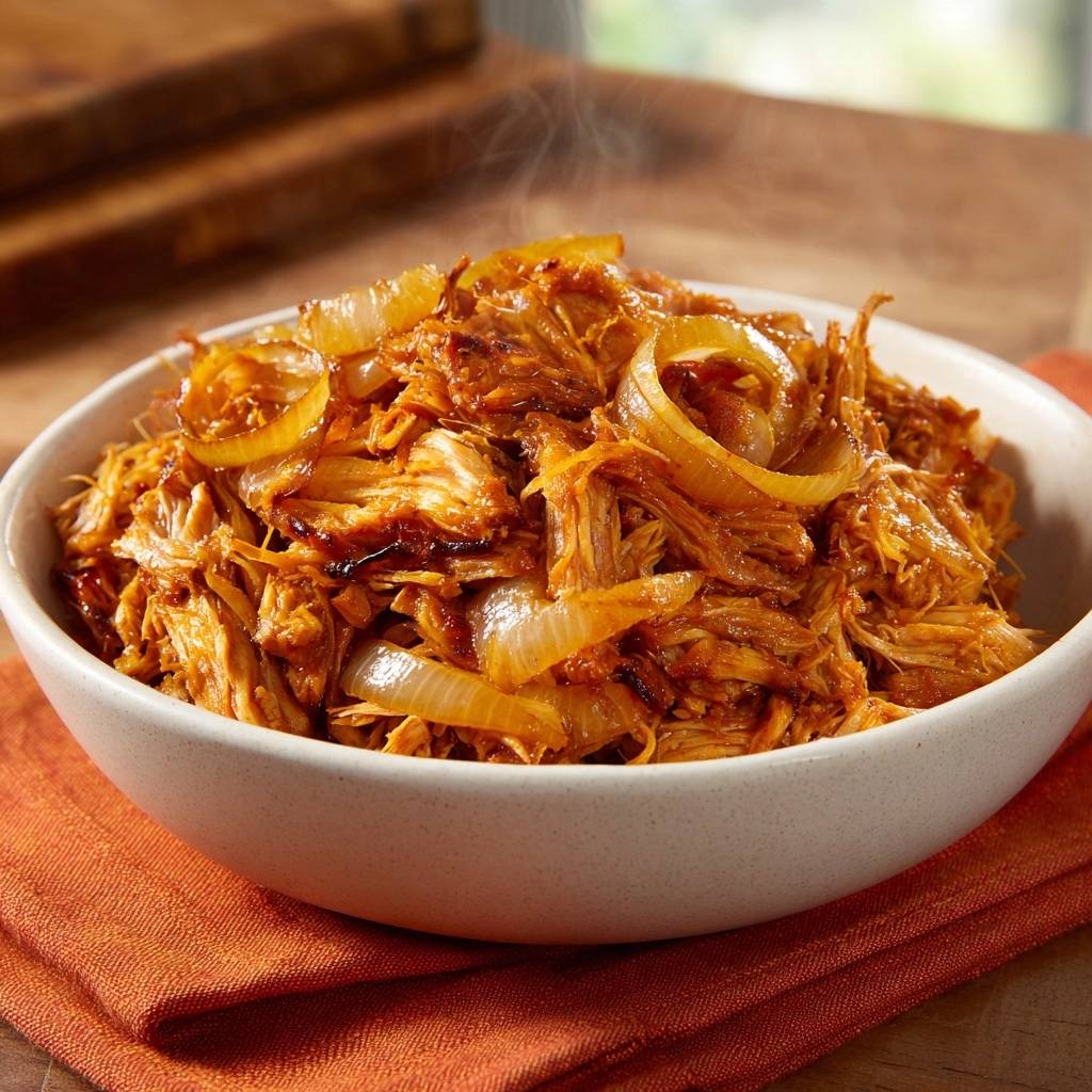 Slow roasted pulled beef with caramelized onions served steaming in a rustic bowl.
