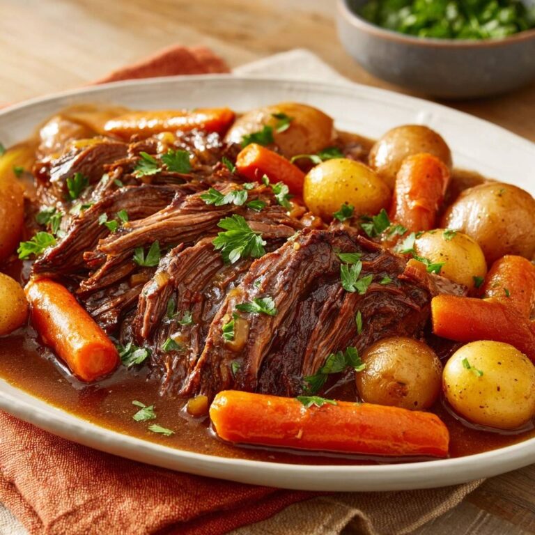 Slow-roasted savory pot roast, sliced and served with tender carrots and potatoes on a platter.
