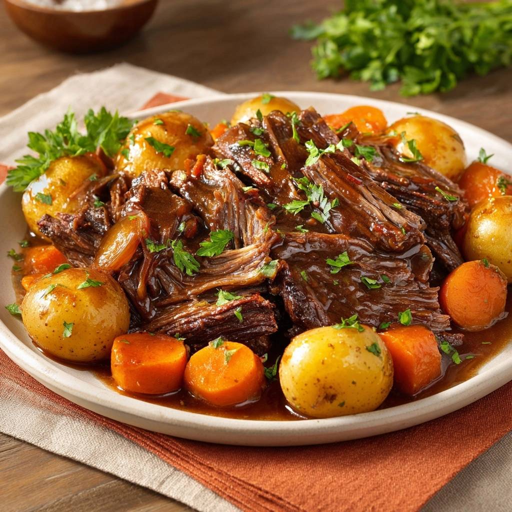 Slow-roasted savory pot roast served with tender potatoes and carrots, garnished with fresh parsley.