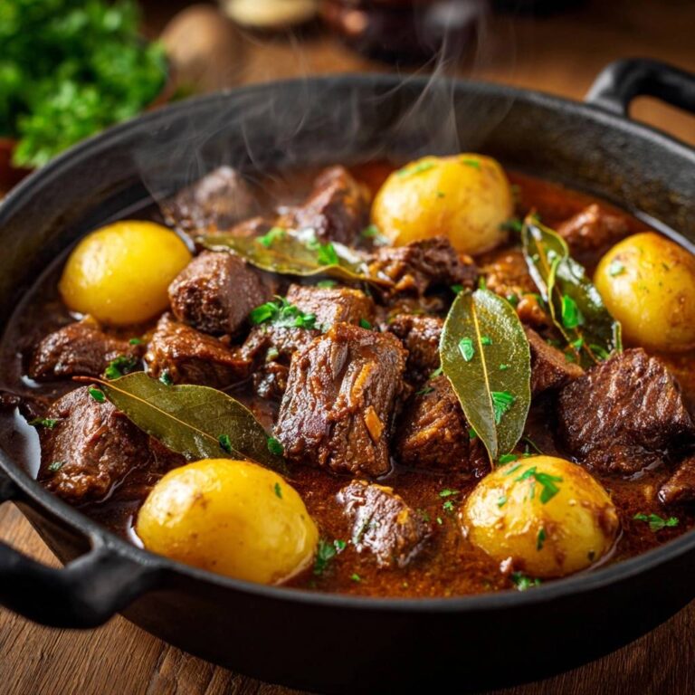 Slow-simmered beef and potato stew in a black pot, shown in a steaming close-up with bay leaves.