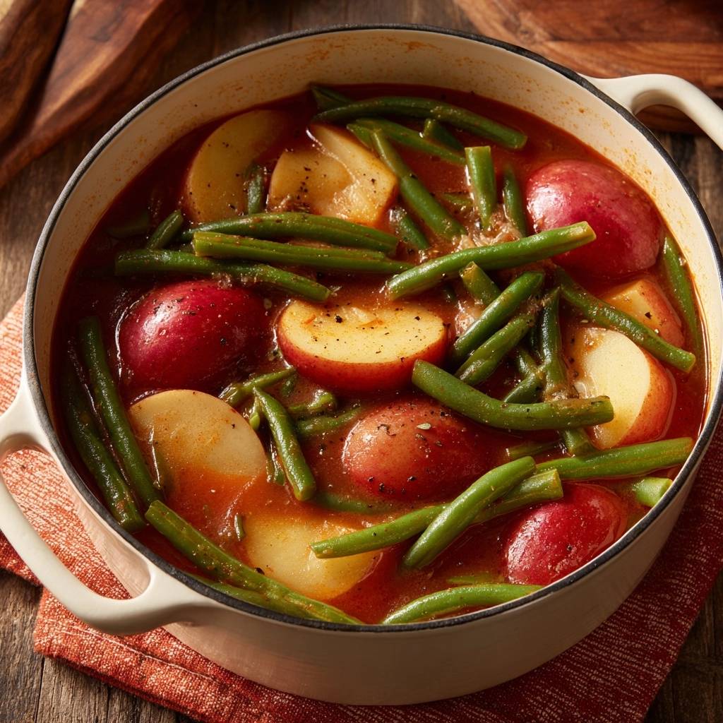 Slow-simmered red potatoes and green beans bubbling together in a Dutch oven.