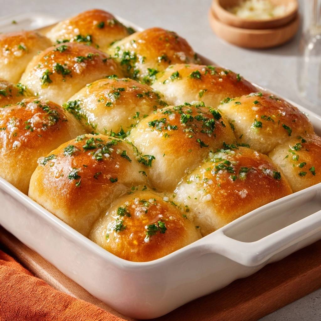 Soft buttery garlic herb dinner rolls are golden baked and glistening in a white baking dish.