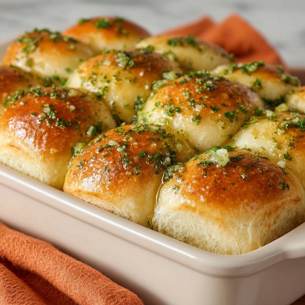 Soft buttery garlic herb dinner rolls baked golden brown in a light-colored baking dish, glistening with butter and herbs.