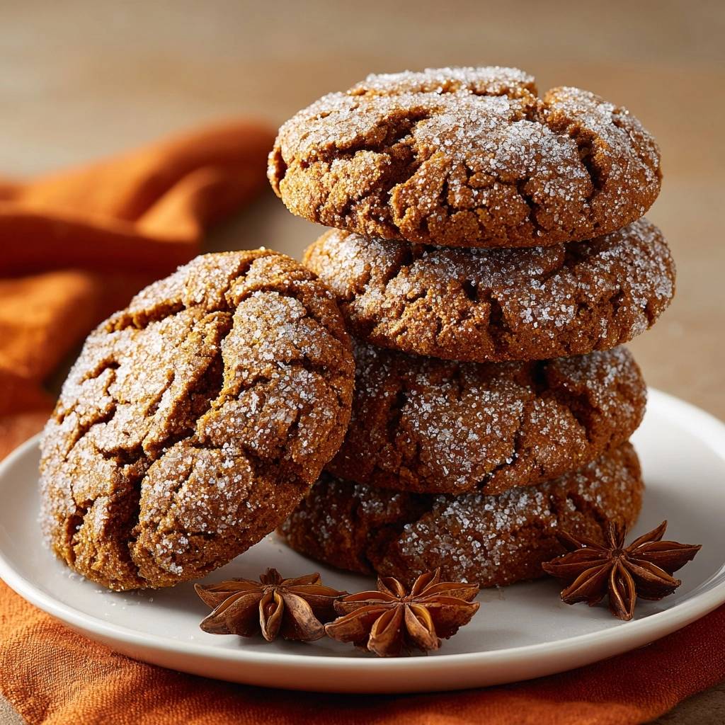 Soft ginger molasses cookies stacked on a white plate, dusted with sugar, with star anise garnish.