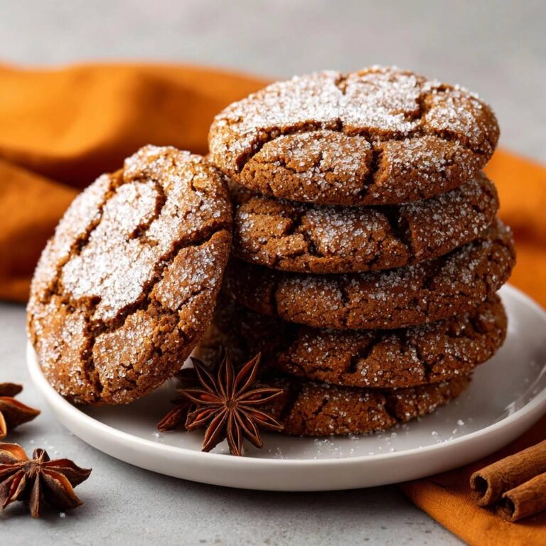 Soft ginger molasses cookies with a crackled, sugar-dusted surface, stacked on a white plate with star anise.