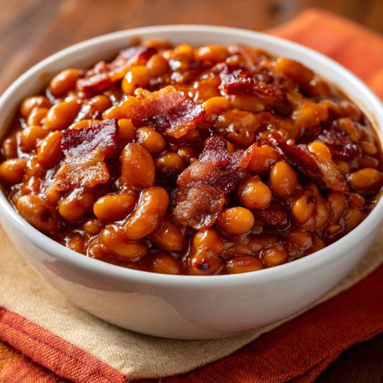 Southern baked beans with crispy bacon topping served in a white bowl, showcasing the rich sauce and texture.