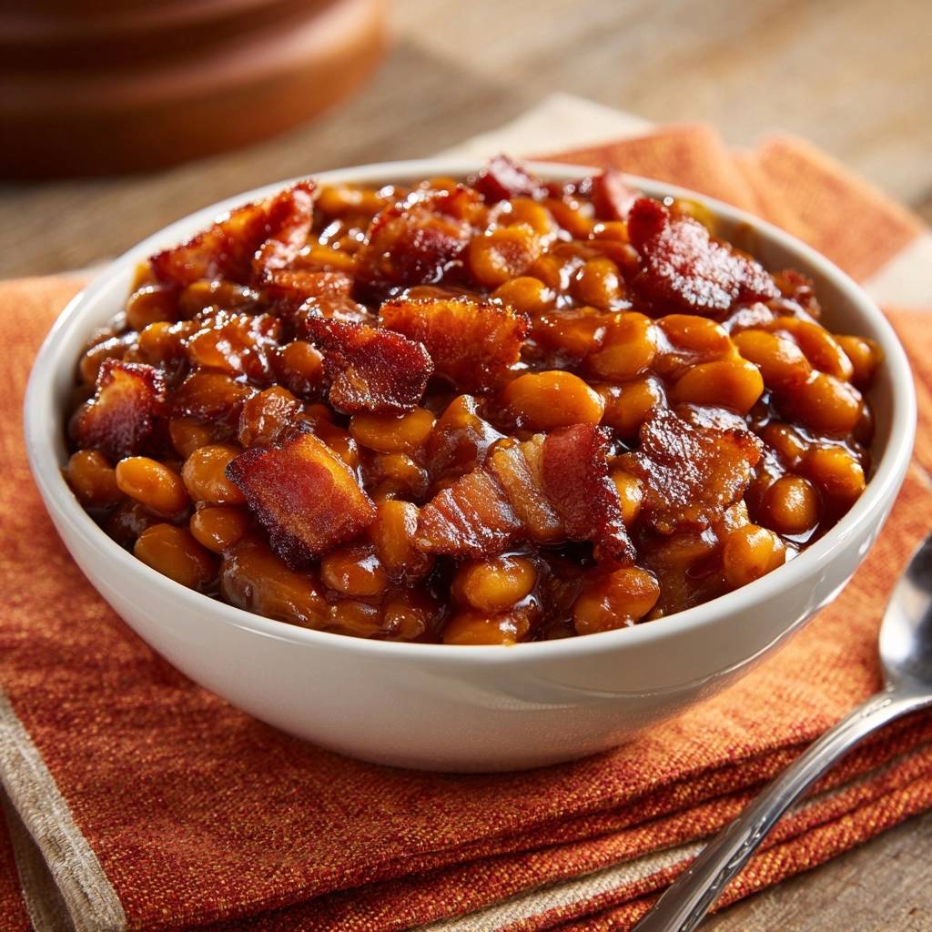 Mastering slow-simmered Southern baked beans with a generous topping of crispy bacon pieces.