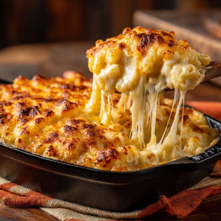 Southern style baked mac and cheese with a generous portion being lifted, showing a gooey cheese pull.