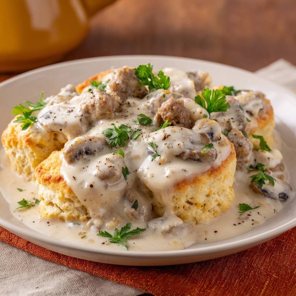 The Ultimate Southern Biscuits and Mushroom Gravy served on a plate with fresh parsley garnish.