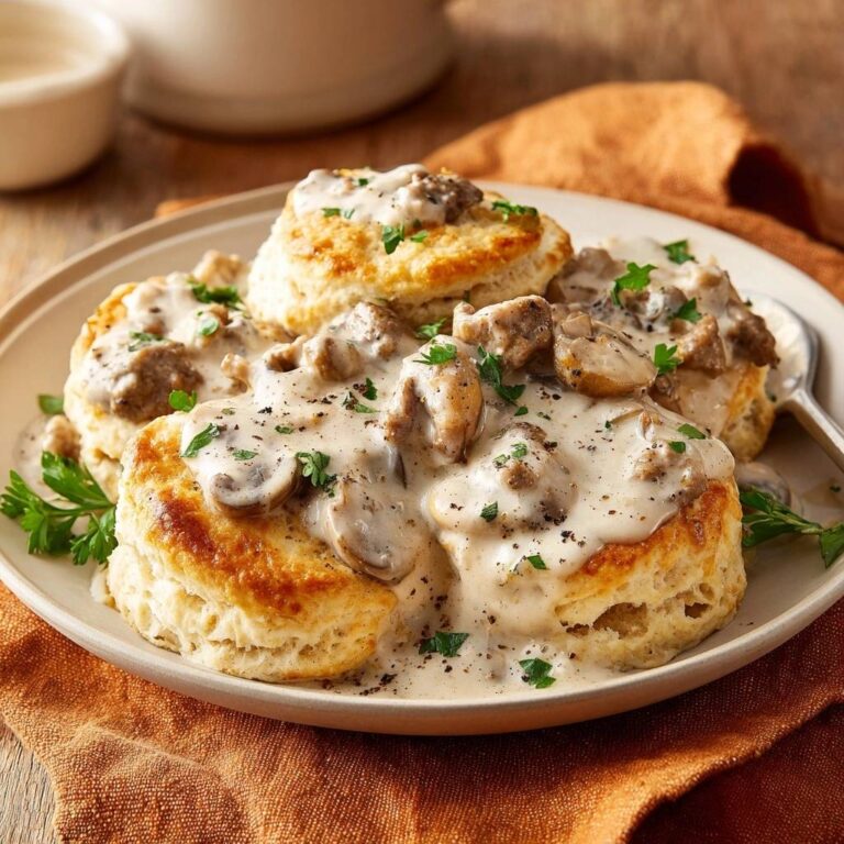 The Ultimate Southern Biscuits and Mushroom Gravy served on a plate, generously topped with creamy mushroom gravy.