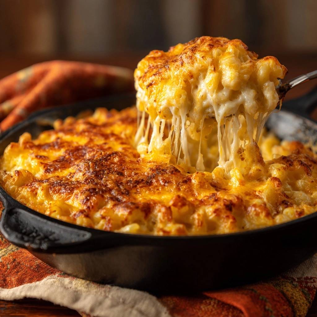Southern-style baked mac and cheese with a generous gooey cheese pull captured as it’s served from the pan.