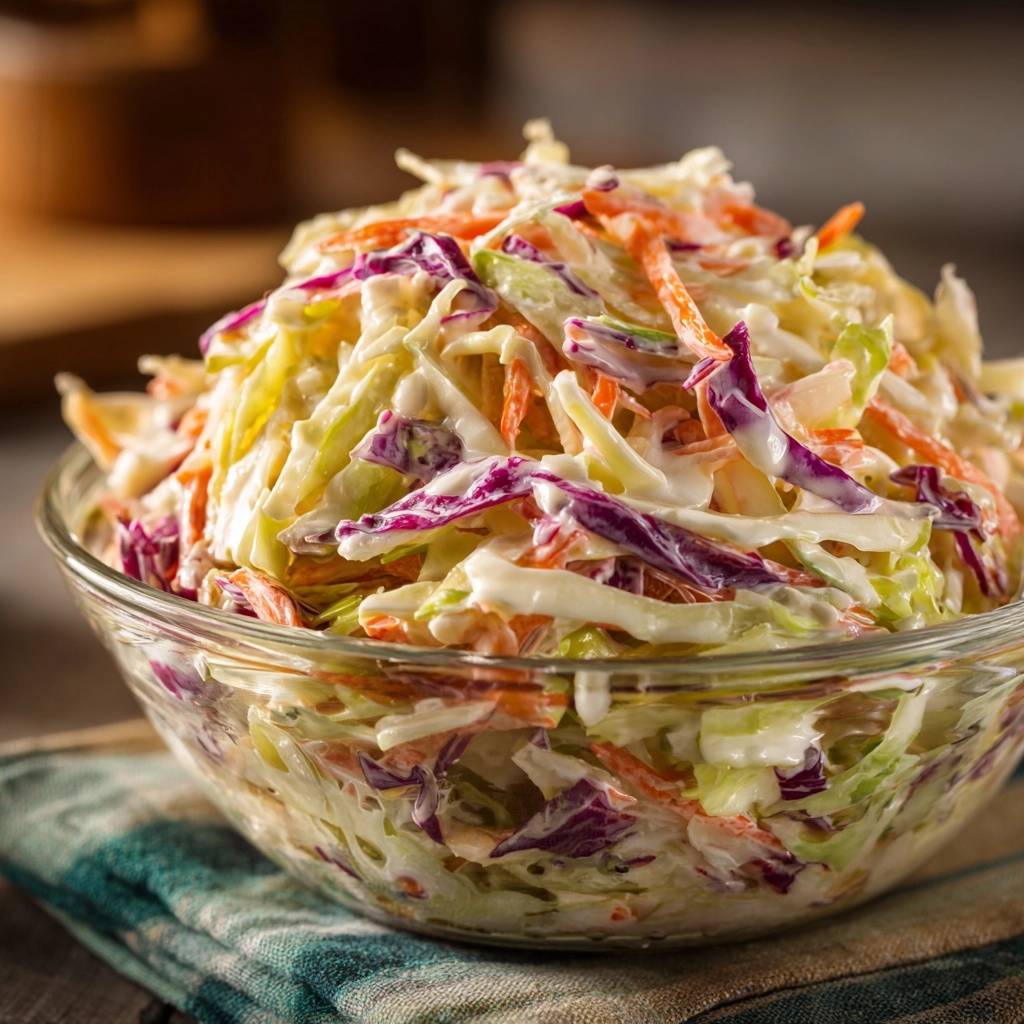 Southern-style coleslaw in a glass bowl, showing a close-up view of shredded cabbage, carrots, and creamy dressing.