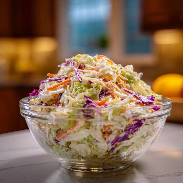 The Science of Crunchy Creamy Southern Style Coleslaw served in a clear glass bowl, showcasing its vibrant colors and creamy dressing.