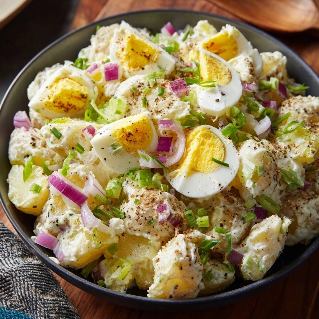 Creamy Southern style potato salad with chopped eggs and red onion served in a dark bowl.