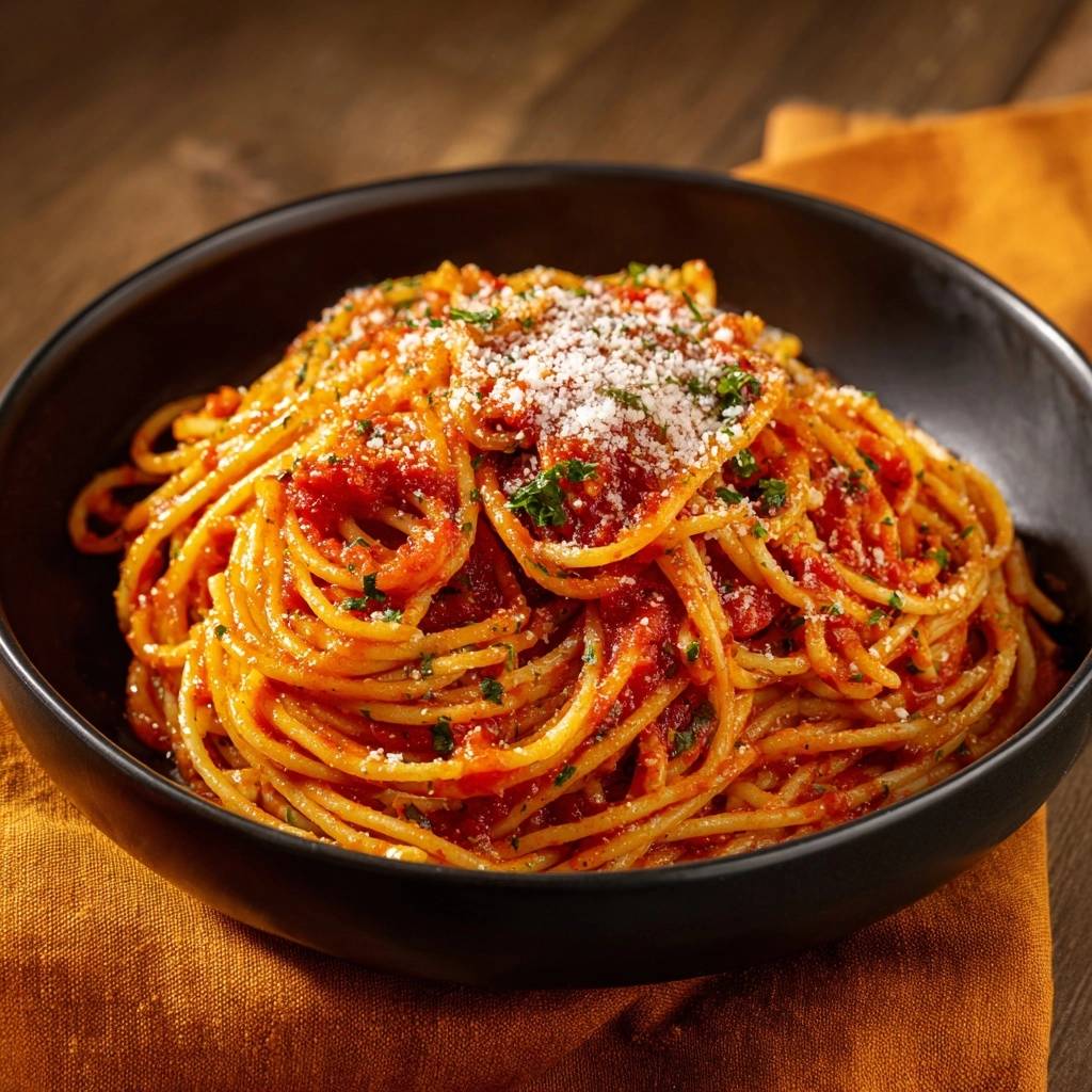 Classic spaghetti marinara served in a black bowl, topped with grated cheese and parsley.