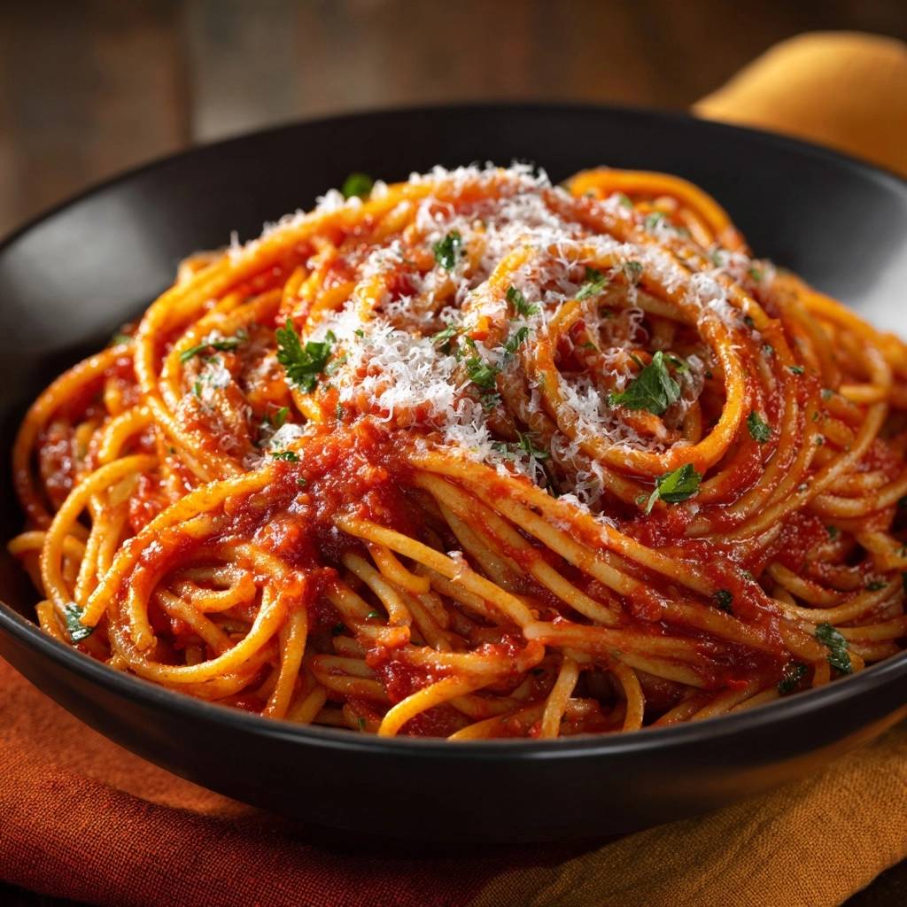 Classic spaghetti marinara with a close-up view of grated parmesan cheese and fresh parsley garnish.