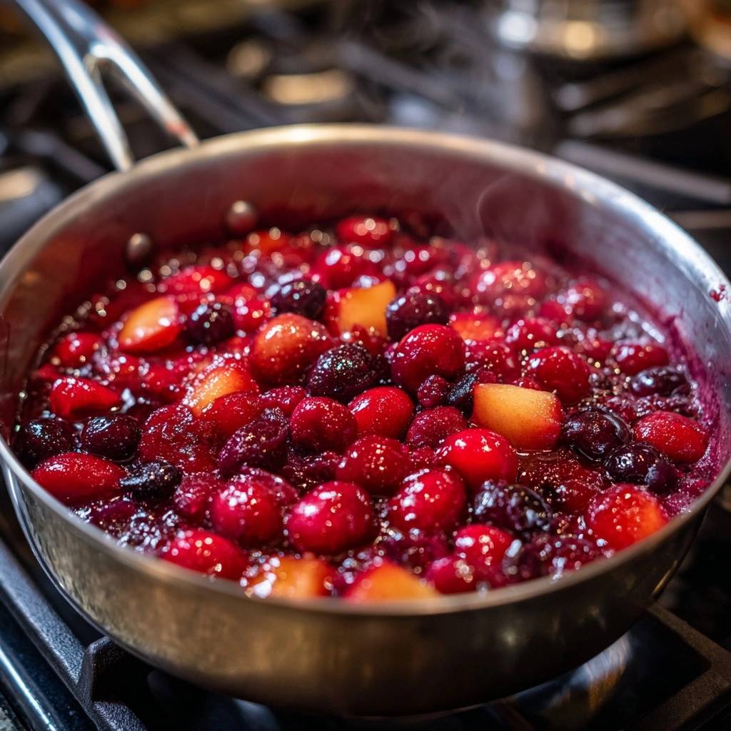Spiced cranberry apple compote simmering in a stainless steel pan on a stovetop, with visible steam rising.