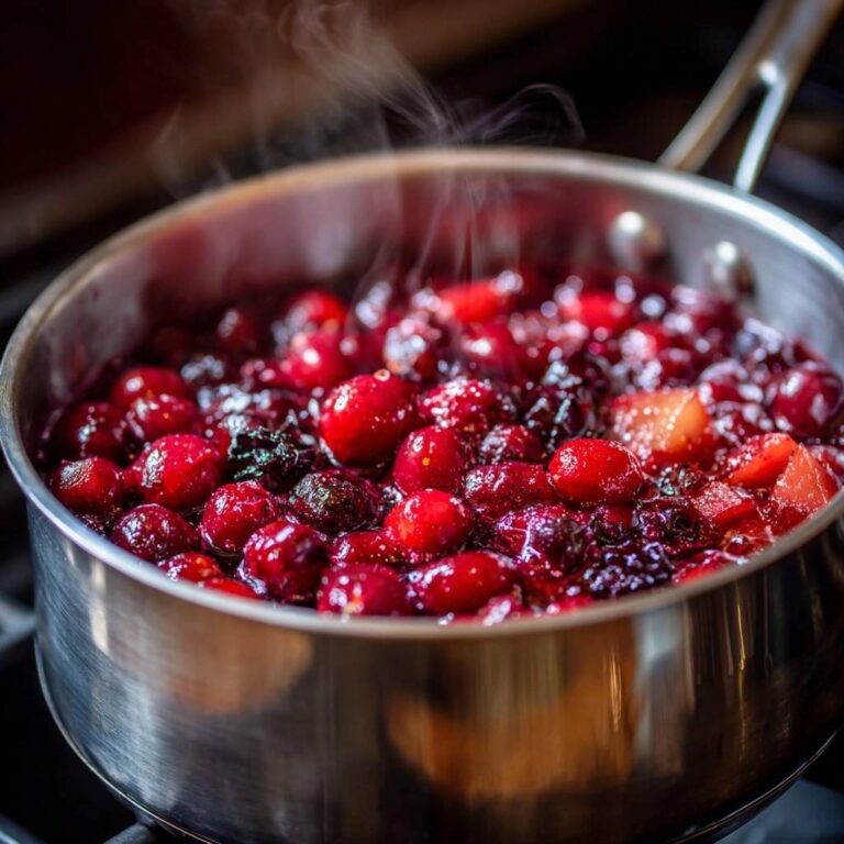 Spiced cranberry apple compote simmering in a pot with steam rising, showcasing the vibrant red fruit mixture.