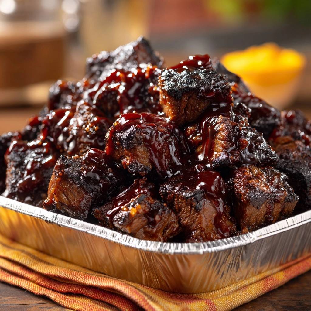 Sticky BBQ beef burnt ends coated in a rich, glossy sauce, showcasing a close-up detail of the glaze.