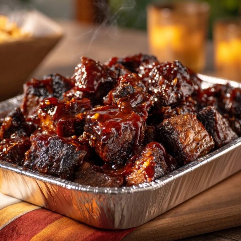 Sticky BBQ beef burnt ends steaming in a foil pan, showcasing their glistening, dark glaze.