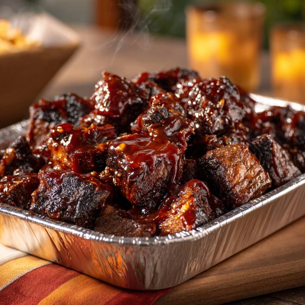 Sticky BBQ beef burnt ends steaming in a foil pan, showcasing their glistening, dark glaze.