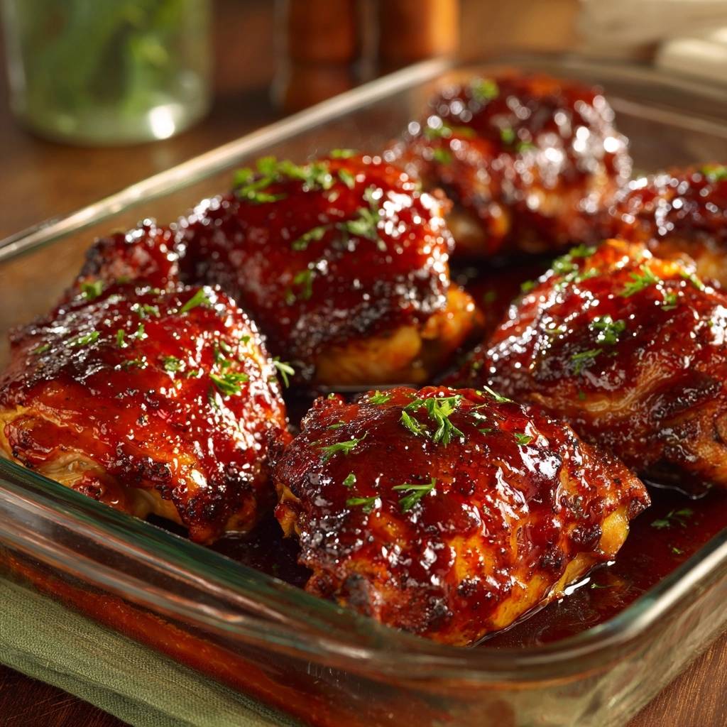 Sticky glazed baked chicken thighs with crispy skin glistening in a glass baking dish, garnished with parsley.