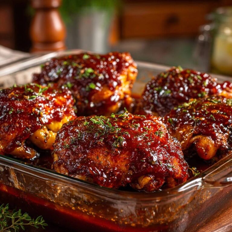 Sticky glazed baked chicken thighs with crispy skin served in a glass baking dish, garnished with herbs.