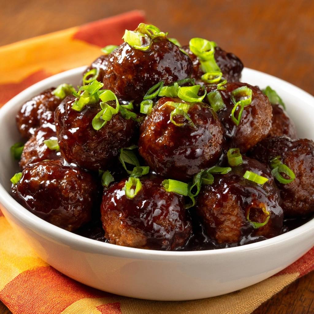 Sticky glazed teriyaki meatballs with a crisp crust, close-up view showing the glistening sauce and fresh green onion garnish.