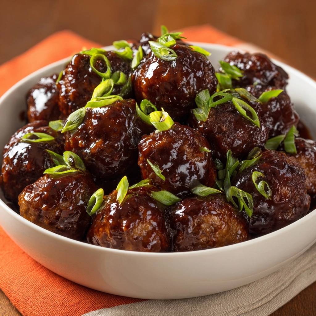 Sticky glazed teriyaki meatballs with a crisp crust, generously garnished with fresh green onions in a white bowl.