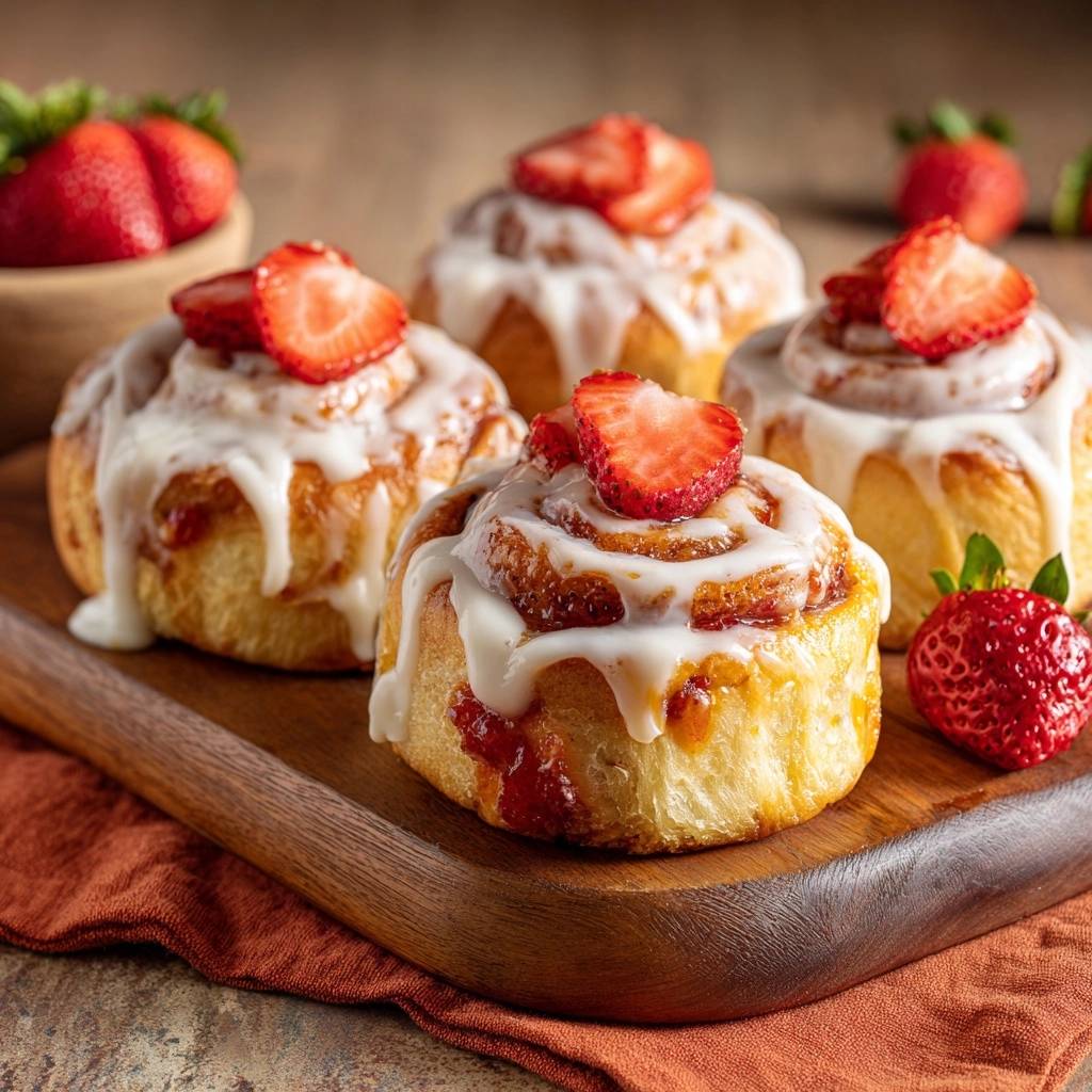 Glazed strawberry sweet rolls topped with fresh strawberry slices, artfully arranged on a wooden board.